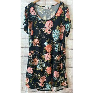 Plus Size 3X Black Floral T-Shirt Dress Stretch Casual Comfy Planet Gold